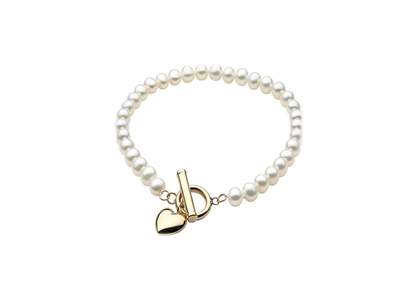Gold Plated Womens Pearl Toggle Heart Charm Bracelet
